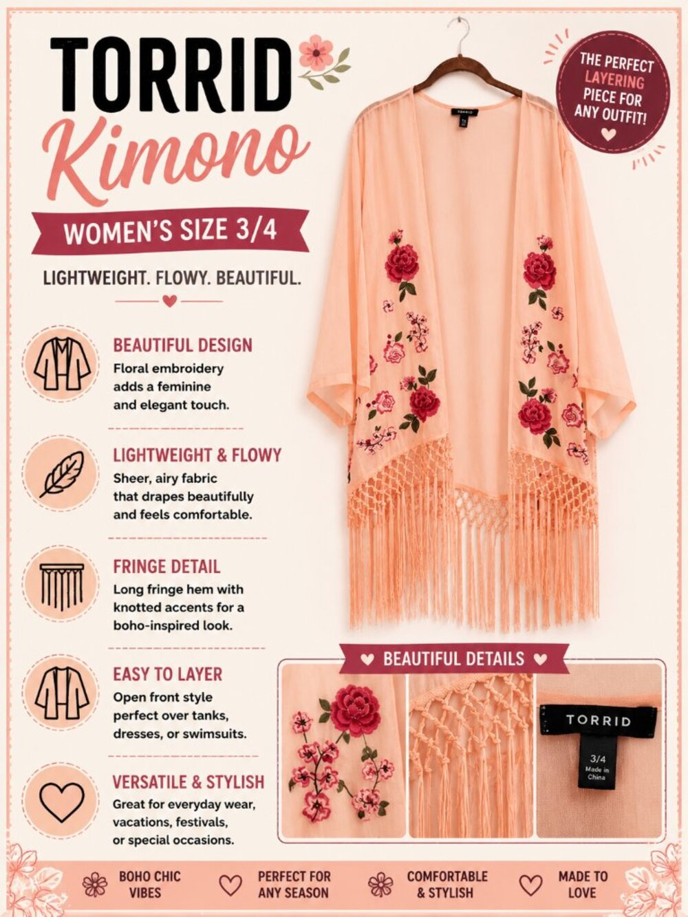 Torrid Floral Embroidered Fringe Kimono – Women’s Size 3/4